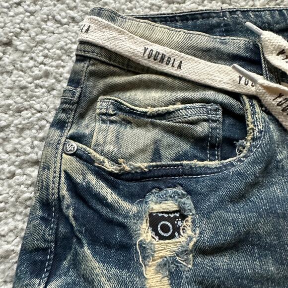 Men's YoungLA DistressedDenim Shorts, 34", NWT, IndigoWashed - Picture 4 of 11